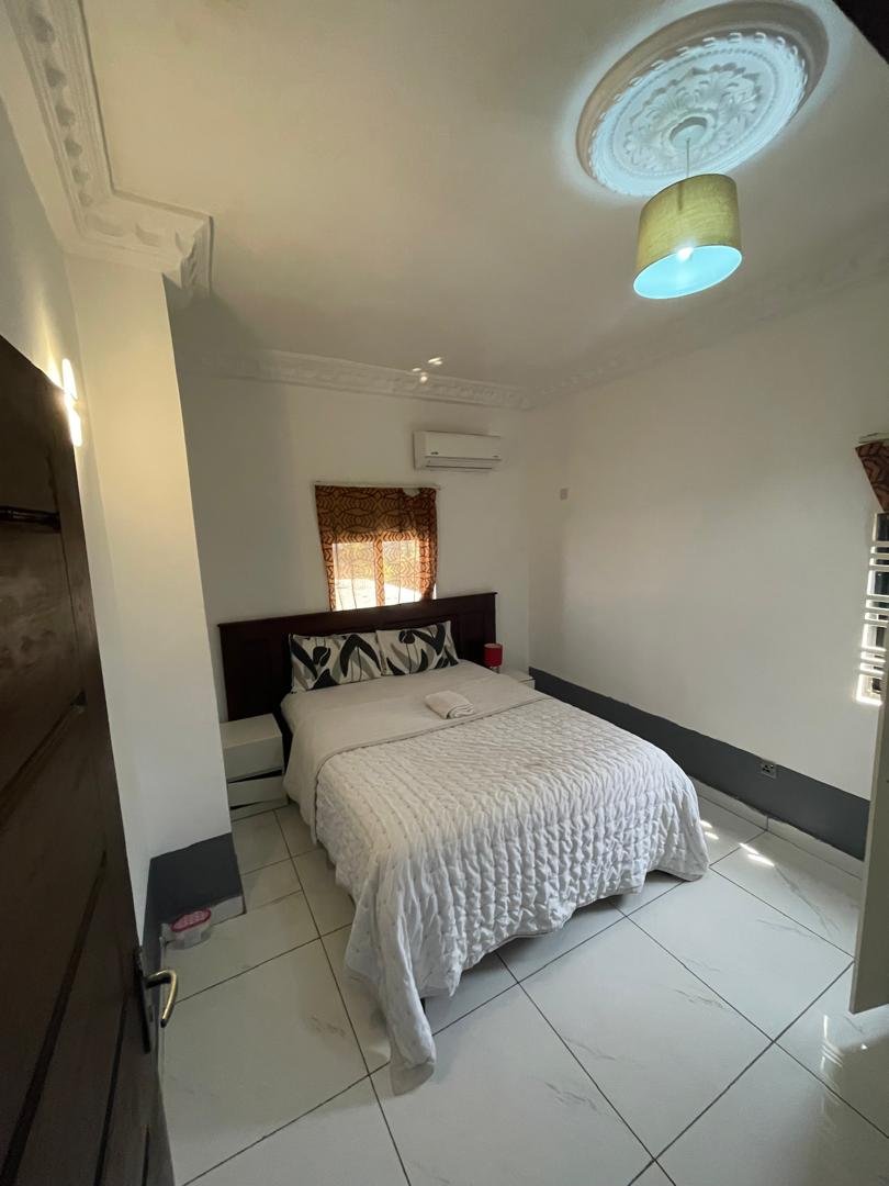 Apartment bedroom with king bed and ceiling rose