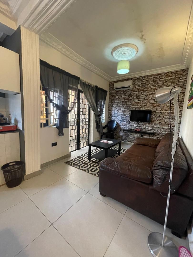 Apartment lounge with stone feature wall and television