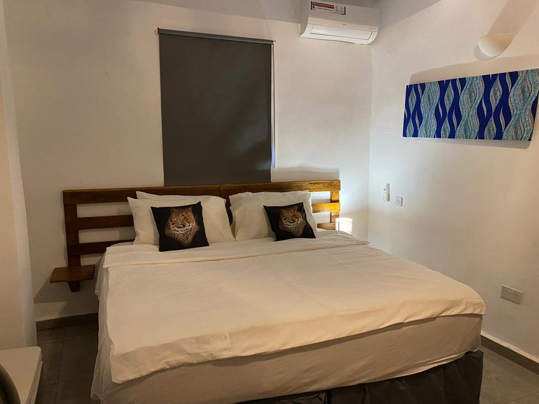 Superior deluxe room with king bed and blue artwork