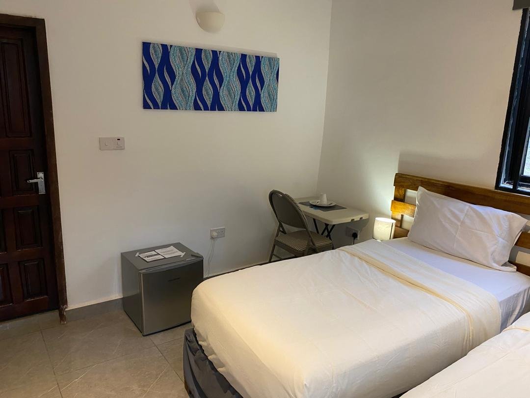 Twin room entrance with mini fridge and desk